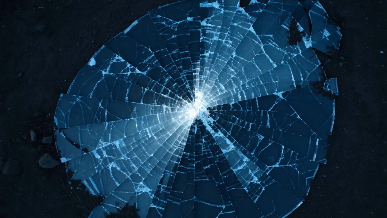Rotating light making circular broken glass pane flash central impact over radial cracks on asphalt
