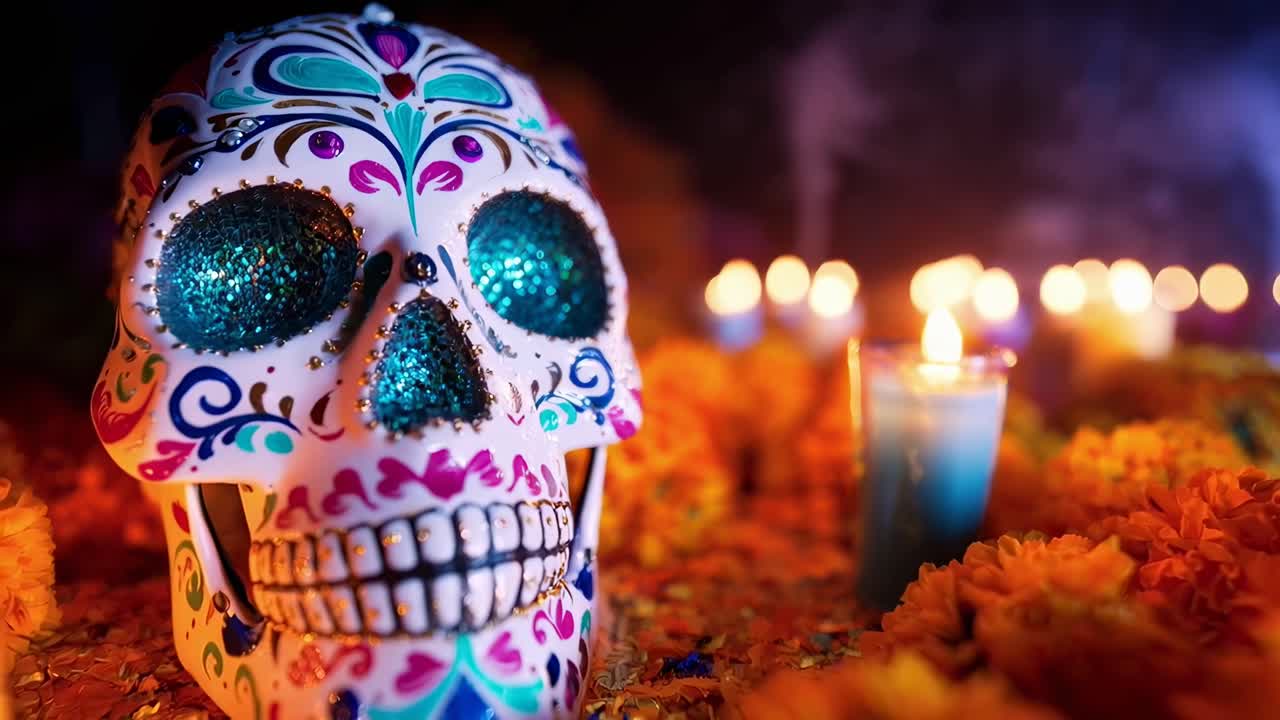 Teschio vivace del Giorno dei Morti con candele, scatto dal basso, perfetto per video festivi, desktop live