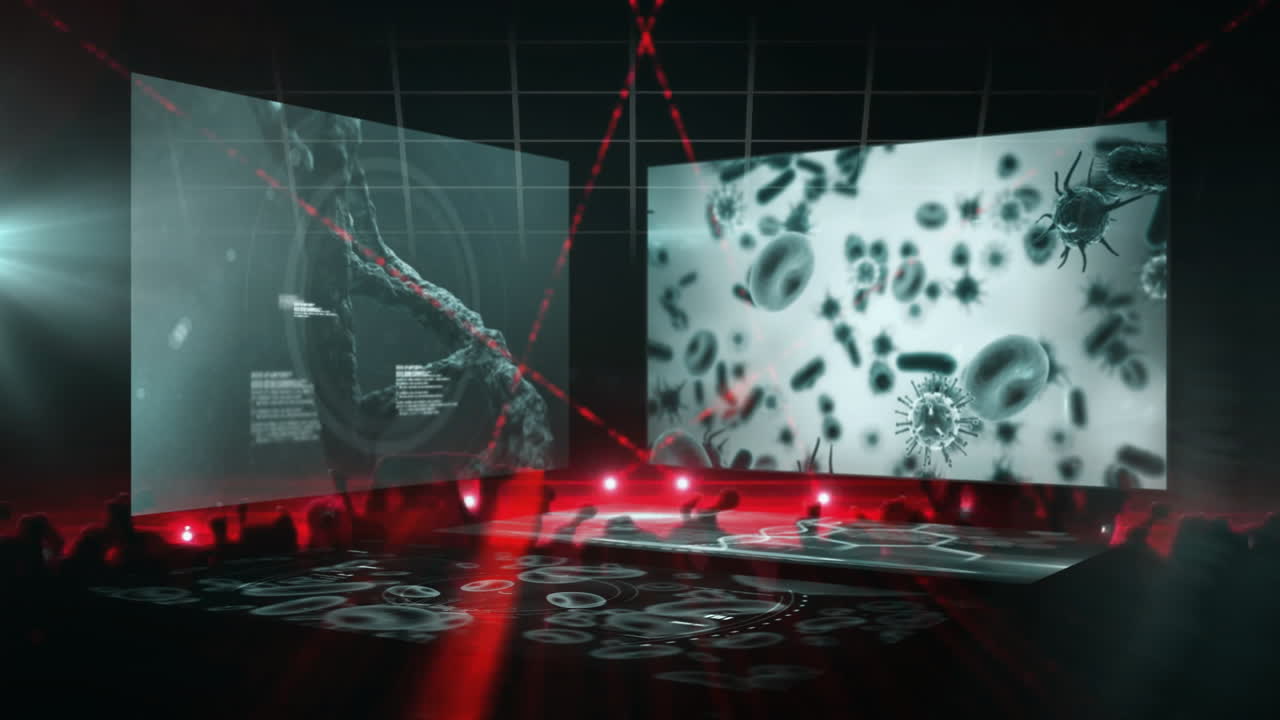 Animation of DNA strand and microscopic organisms on futuristic digital screens