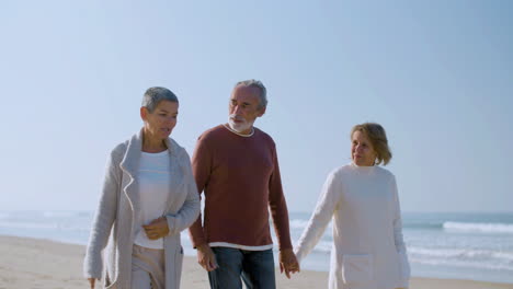 elderly friends chatting while walking along sea shore