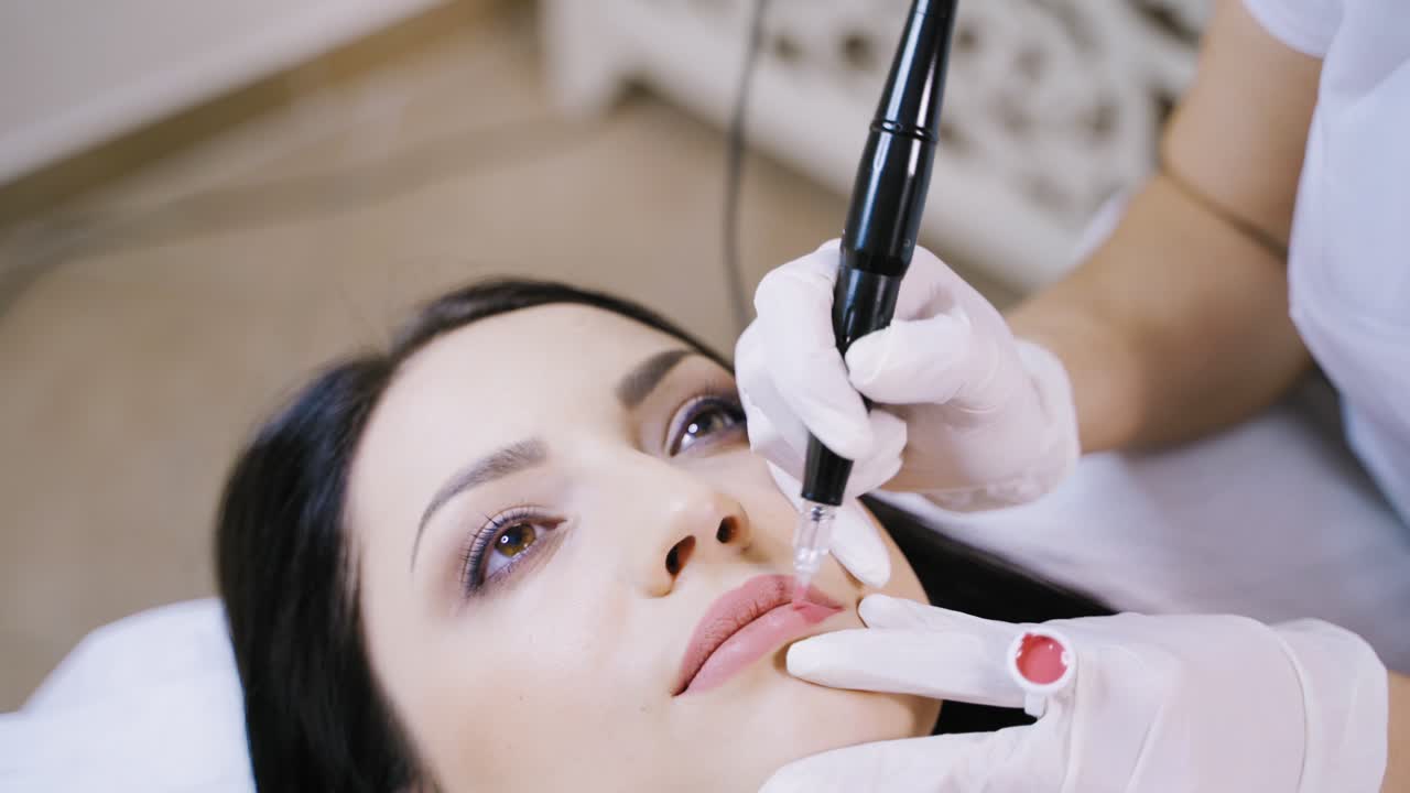 A cute brunette lying on the couch on the procedure of permanent lip makeup. The tattoo artist applies a special pigment with the pen. Close-up.