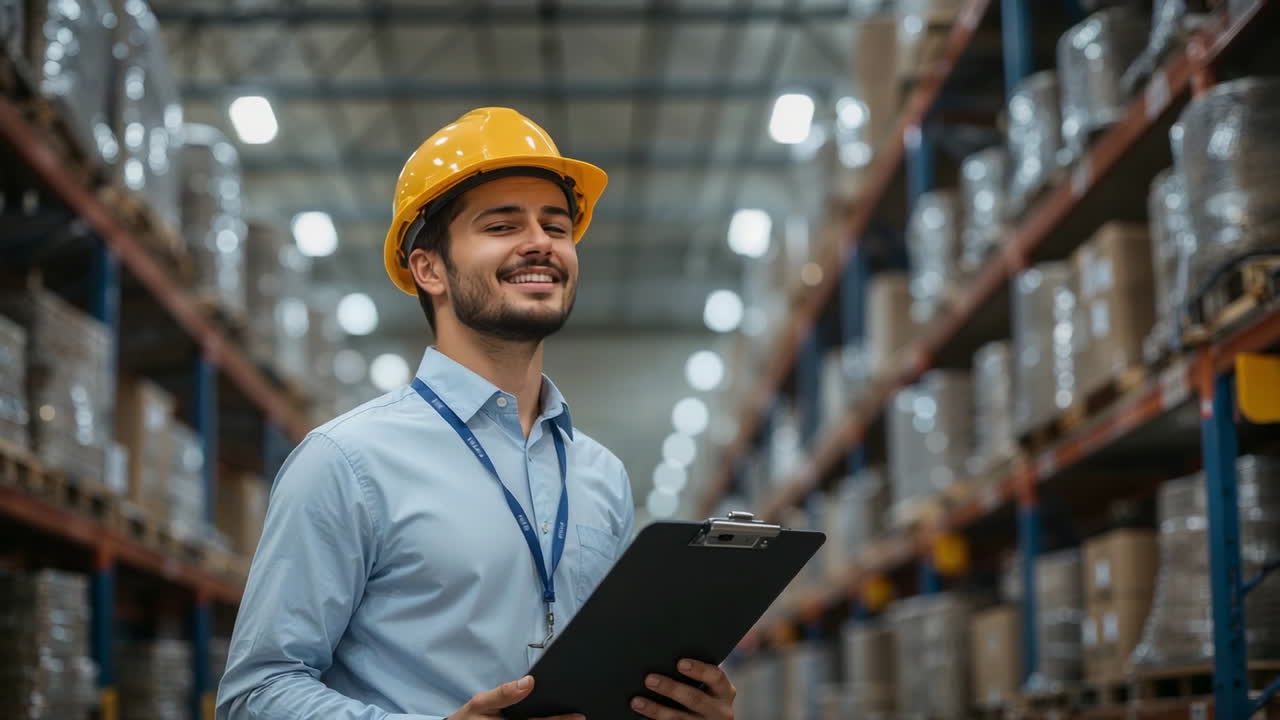 Lavoratore sorridente con cappello che tiene una clipboard in un magazzino