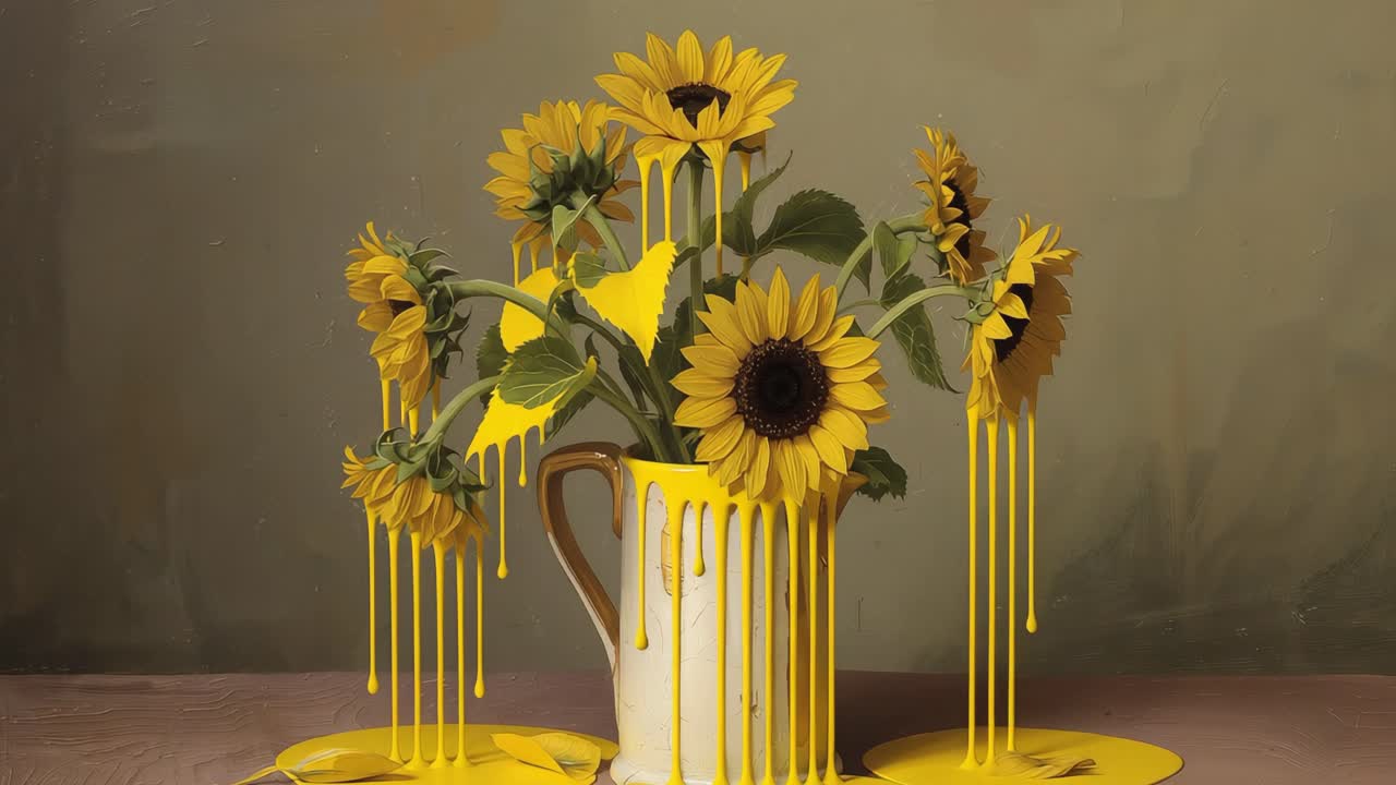 Sunflowers in a vase with dripping yellow paint