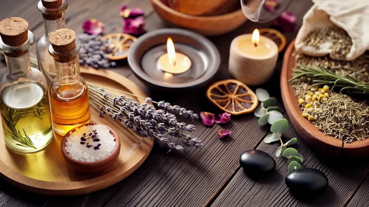 Yağlar, mumlar ve bitkilerle bir spa kurulumunun yukarıdan aşağıya doğru çekilmiş video görüntüsü, dingin bir ambiyans yaratıyor