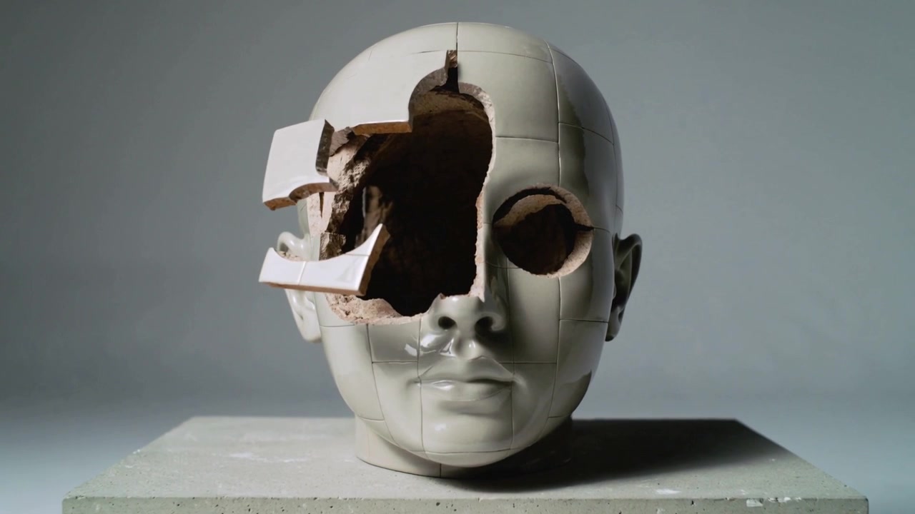 Rompendo il guscio sinistro di un busto in studio, un pannello si apre verso l'esterno, rivelando una cavità interna marrone
