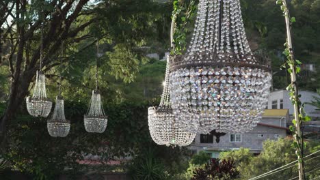 a group of crystal chandeliers hang from a tree decorating a wedding