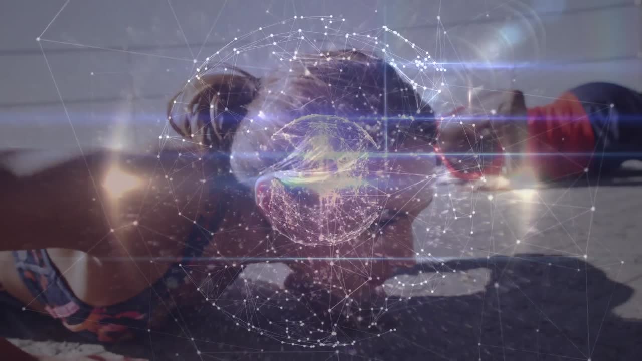 animación de la red de conexiones sobre mujeres y hombres que hacen ejercicio al aire libre