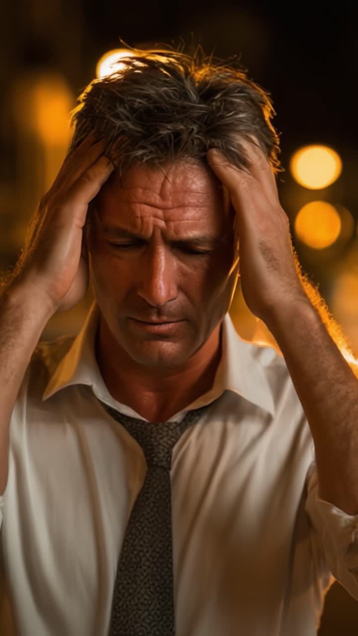 A Man's Emotional Journey: From Distress to Resolve as He Confronts Life's Challenges in a Nighttime Urban Setting