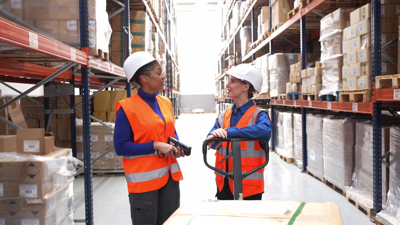 Two Warehouse Workers Discussing Logistics in Distribution Center