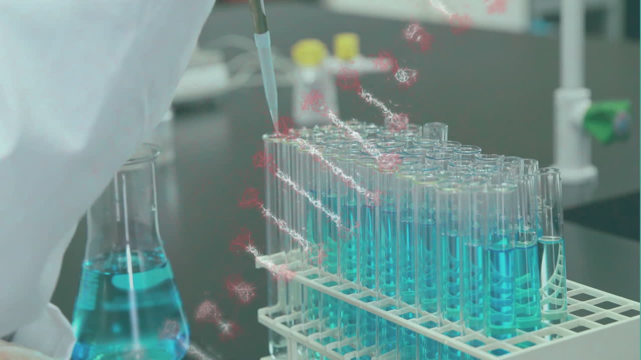 animación de una cadena de adn sobre un científico caucásico haciendo experimentos