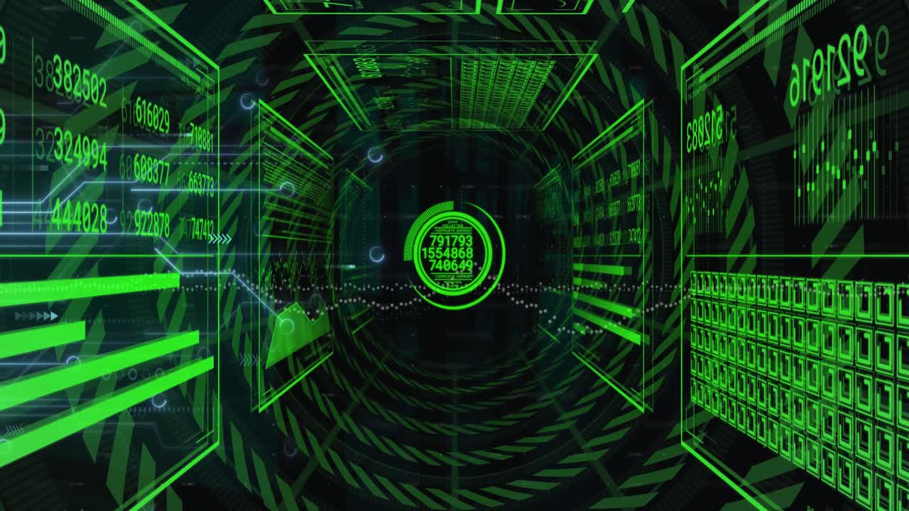 Animation of interface with data processing against tunnel in seamless pattern on black background
