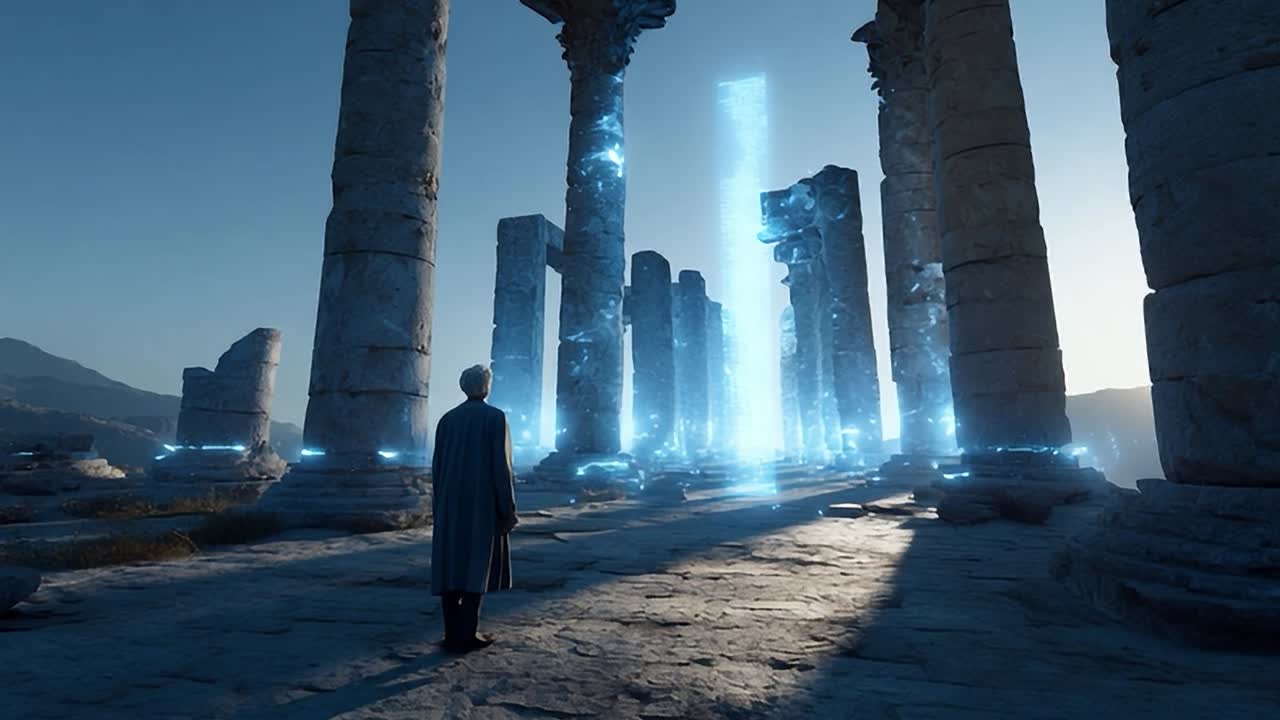 Exploring ancient ruins illuminated by digital light at sunset