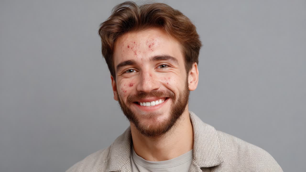 Un giovane allegro con un sorriso cordiale che riflette sicurezza e autenticità in un semplice ambiente da studio, che mette in risalto i suoi tratti unici e ispira positività