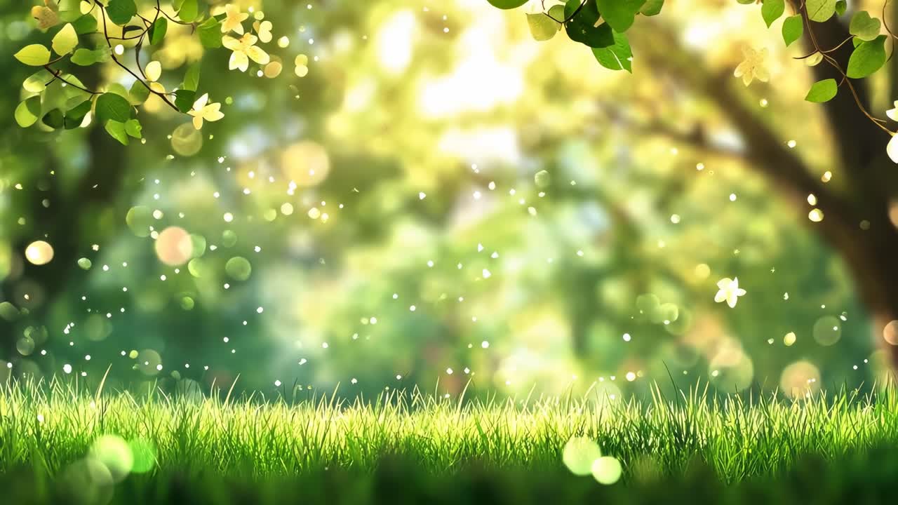 A serene, low-angle video shot of sunlit grass with a bokeh effect, capturing floating particles