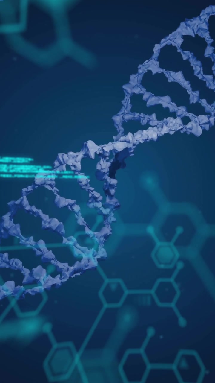 Animation of elements and data processing over dna strands on dark background