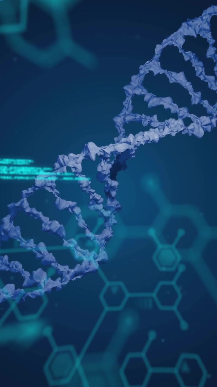 Animation of elements and data processing over dna strands on dark background
