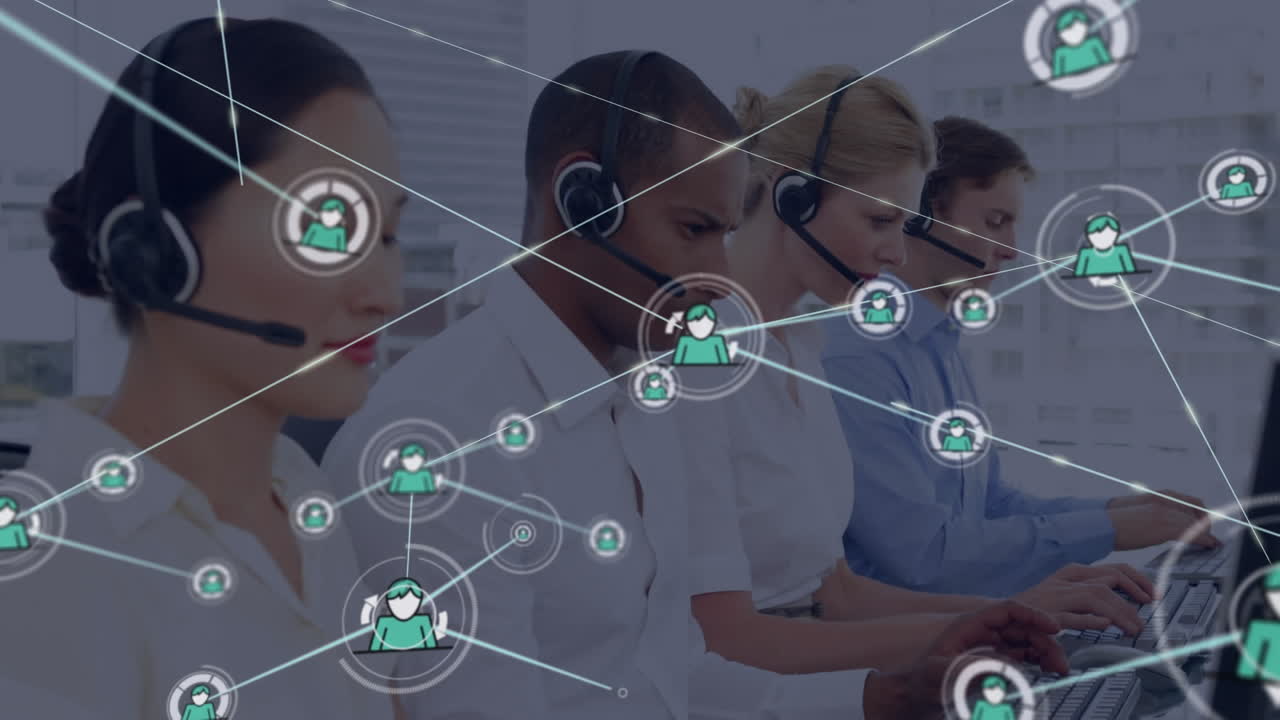 Animation of network of connection with icons over business people wearing phone headsets
