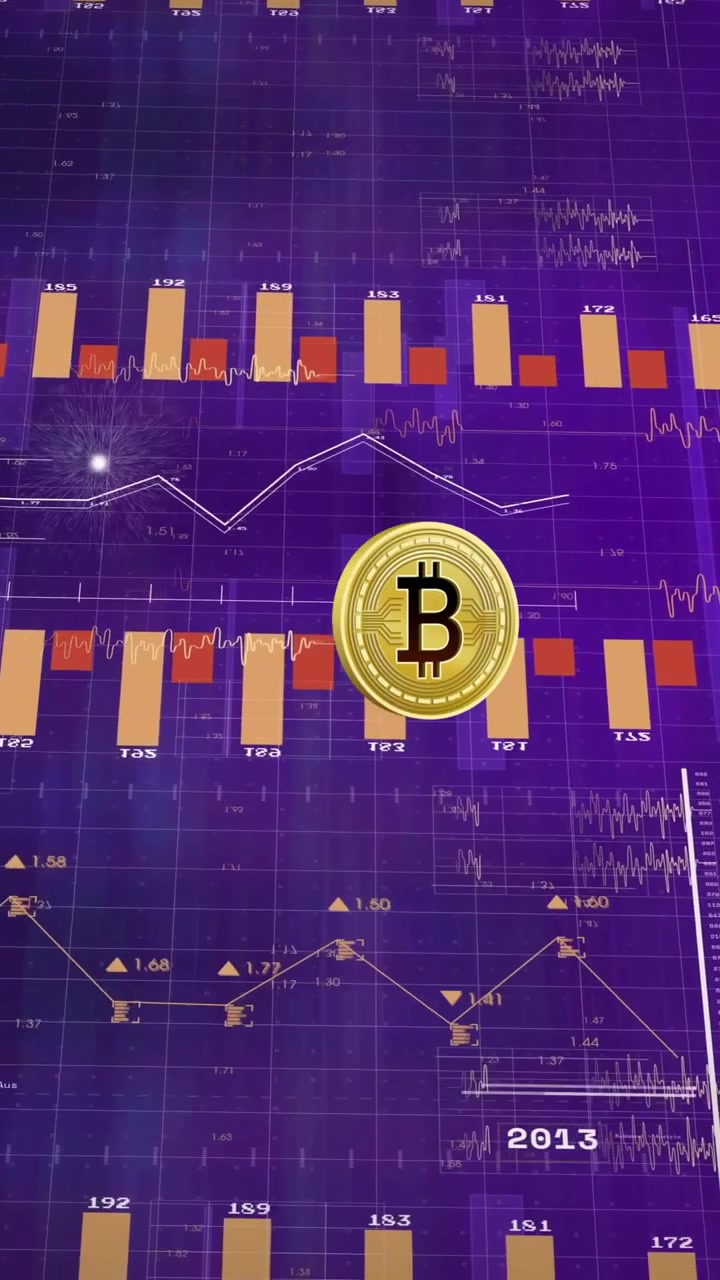 Animação de gráfico de preços e análise de dados de Bitcoin sobre fundo roxo