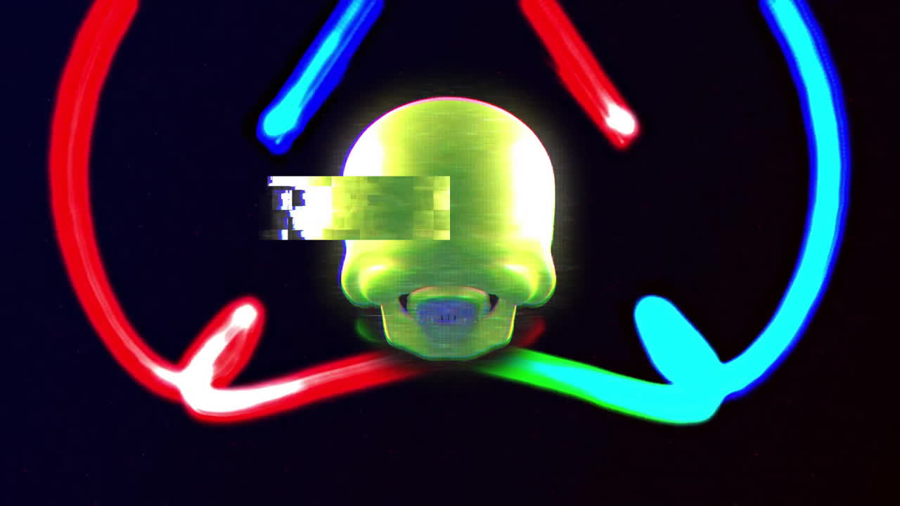 Animation ofhuman skull and neon light trails on black background
