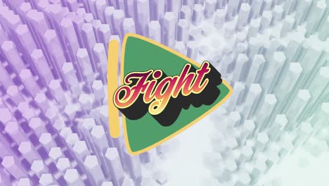 Animation-of-fight-text-over-green-play-button-with-3d-flowing-blocks-in-background