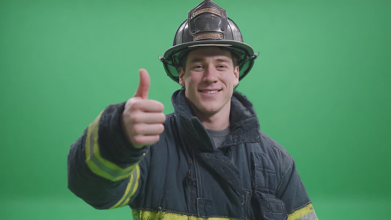 A Smiling Firefighter in a Green Screen Studio: Showcasing Courage, Bravery, and Dedication with a Friendly Gesture While Wearing Protective Gear