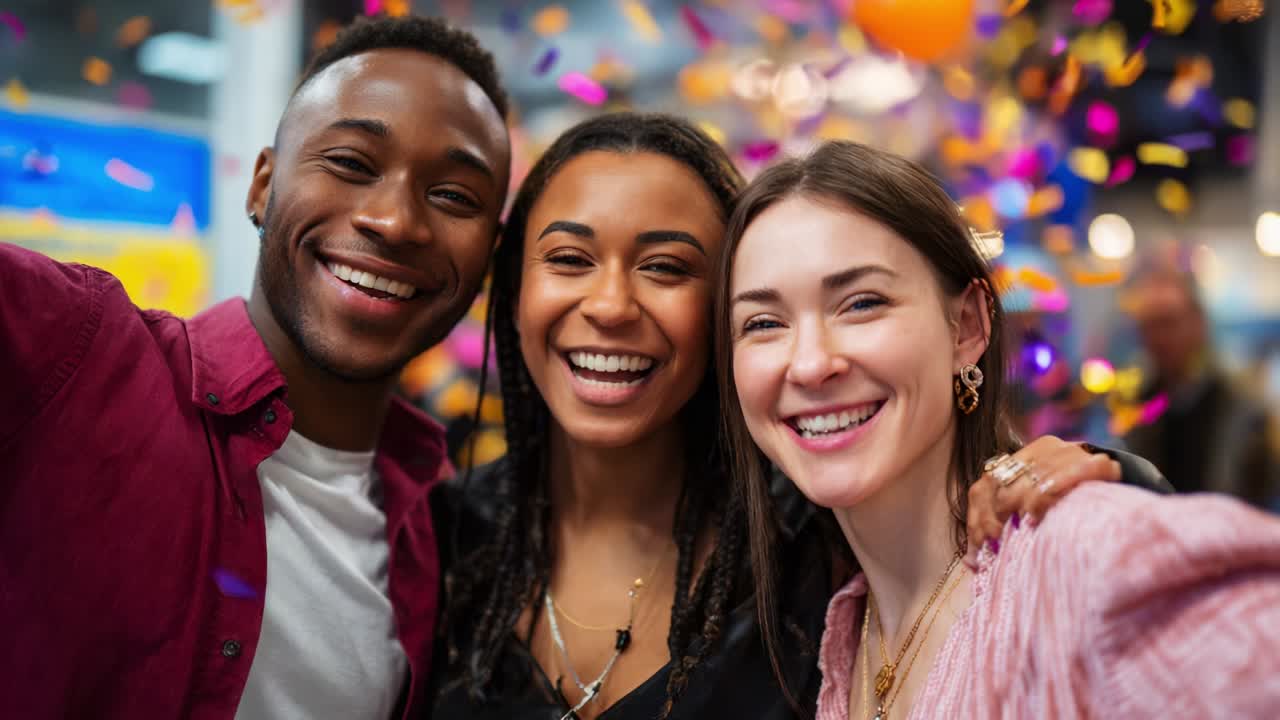 A joyful candid moment captured at a vibrant celebration, featuring three friends beaming with happiness as colorful confetti floats around them, embodying the essence of joy and friendship in a festive atmosphere