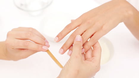 beautician filing female clients nails at spa beauty salon