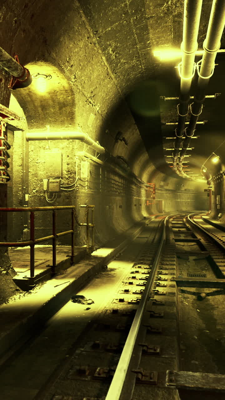 Corridoio di manutenzione di una scena in un tunnel industriale con tubature e illuminazione