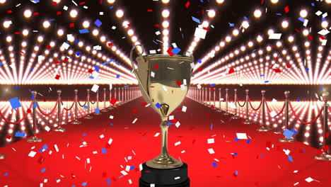 animation of golden cup and falling confetti over red carpet on black background