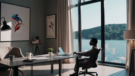 modern home office with lake view