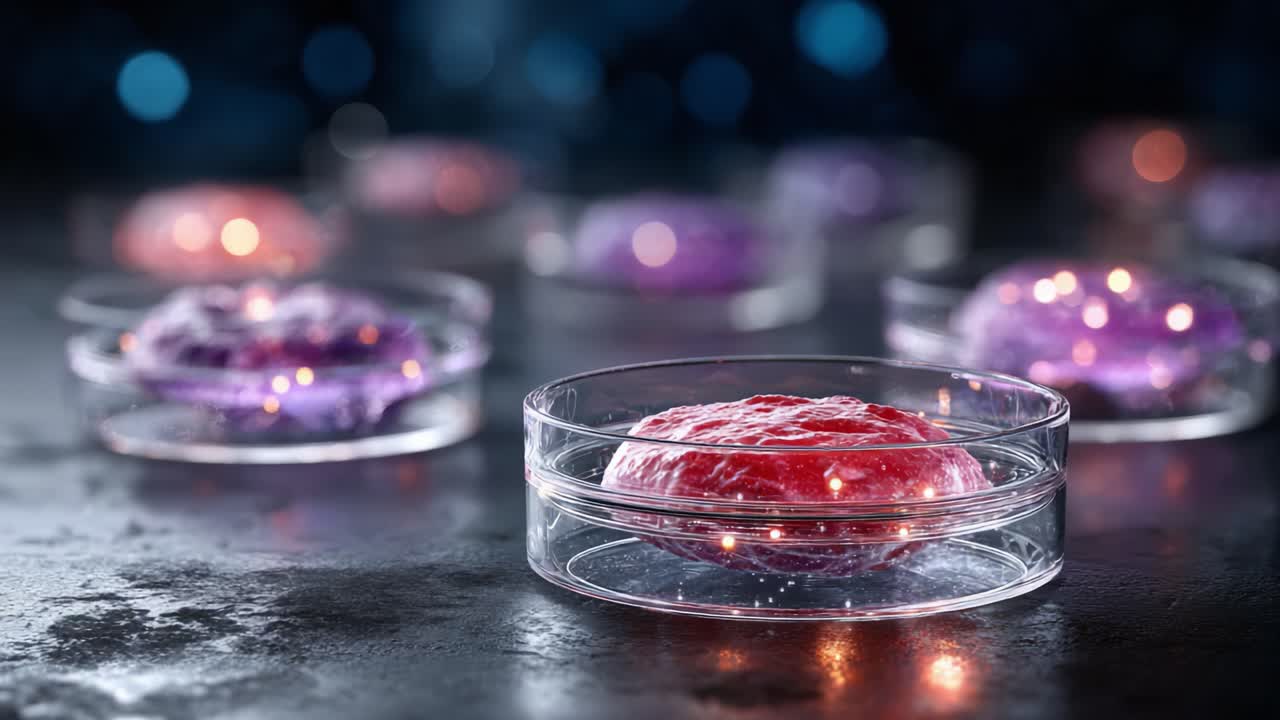 A Captivating Study of Vibrant Gel-like Substances in Petri Dishes, Under Soft Lighting, Showcasing Scientific Exploration and Artistry in a Laboratory Setting