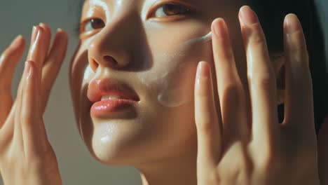 skincare professional applying moisturizing cream on face. gently hydrating and nourishing skin with delicate touching. showcasing natural beauty and wellness routine for healthy. glowing complexion