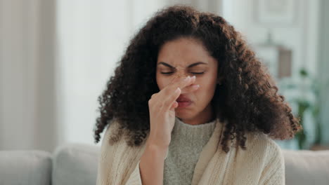 sick, cough and woman in a home living room