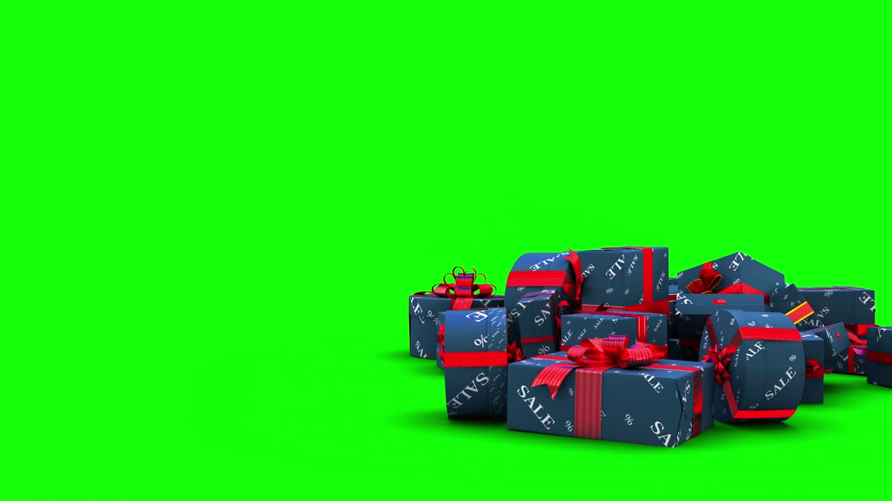 caídas de cajas de regalos de venta con máscara mate y llave de croma en 4k