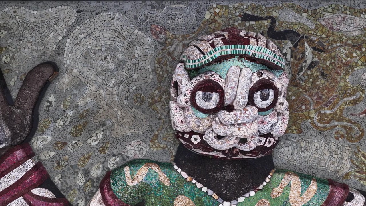 Video van het gezicht van de muurschildering van Diego Rivera bij de fontein in Chapultepec, Mexico-Stad