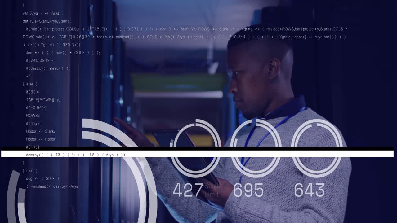 Animation of processing circles over african american man working in server room