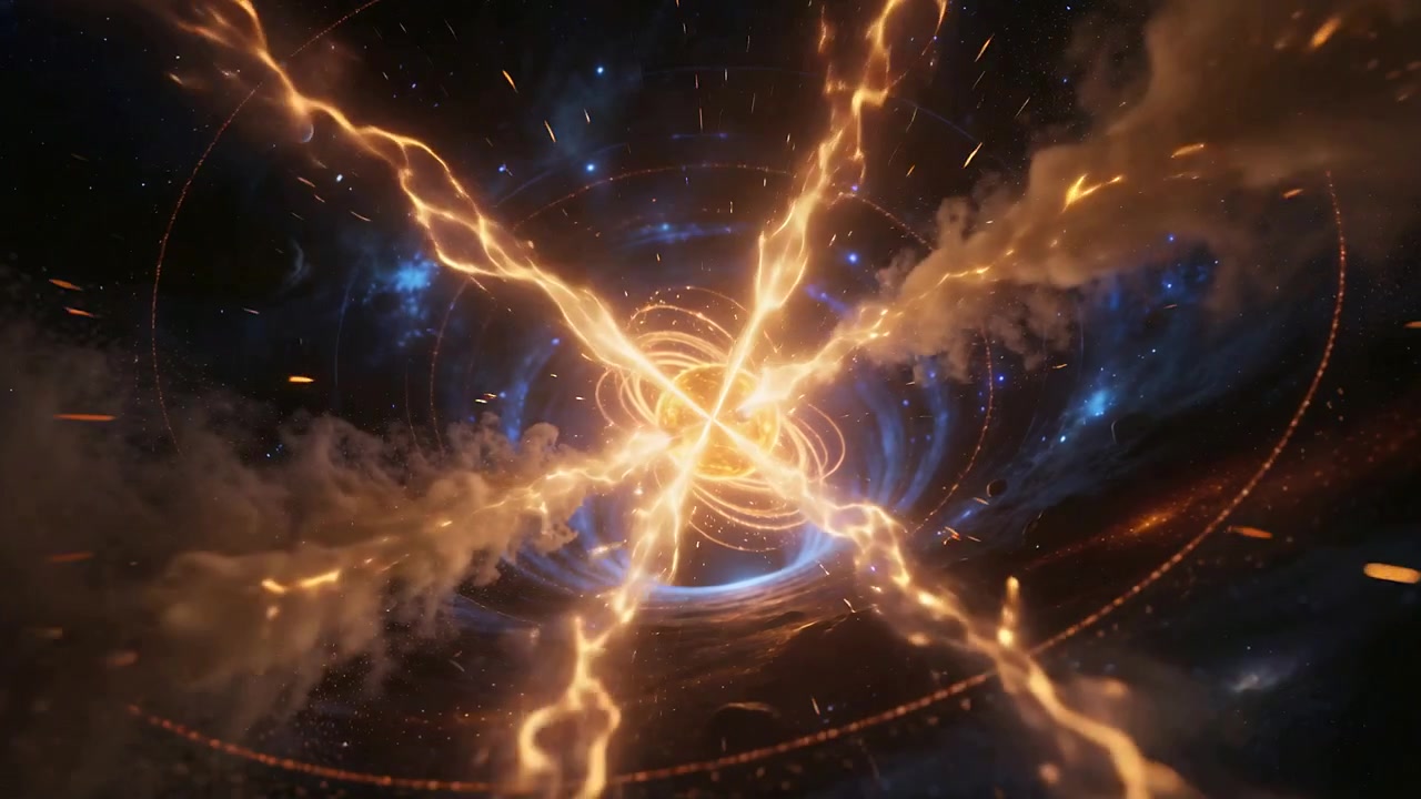 Getti di plasma che si intensificano spingono un globo dorato ad anelli in un vortice blu intenso, formando bracci di energia ramificati.
