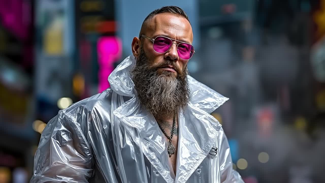 A man with a long beard wearing a silver jacket and pink sunglasses