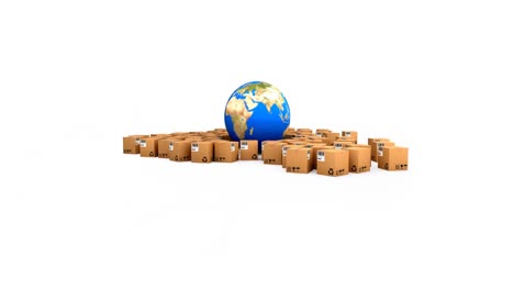 Animation-of-globe-and-cardboard-boxes-moving-on-white-background