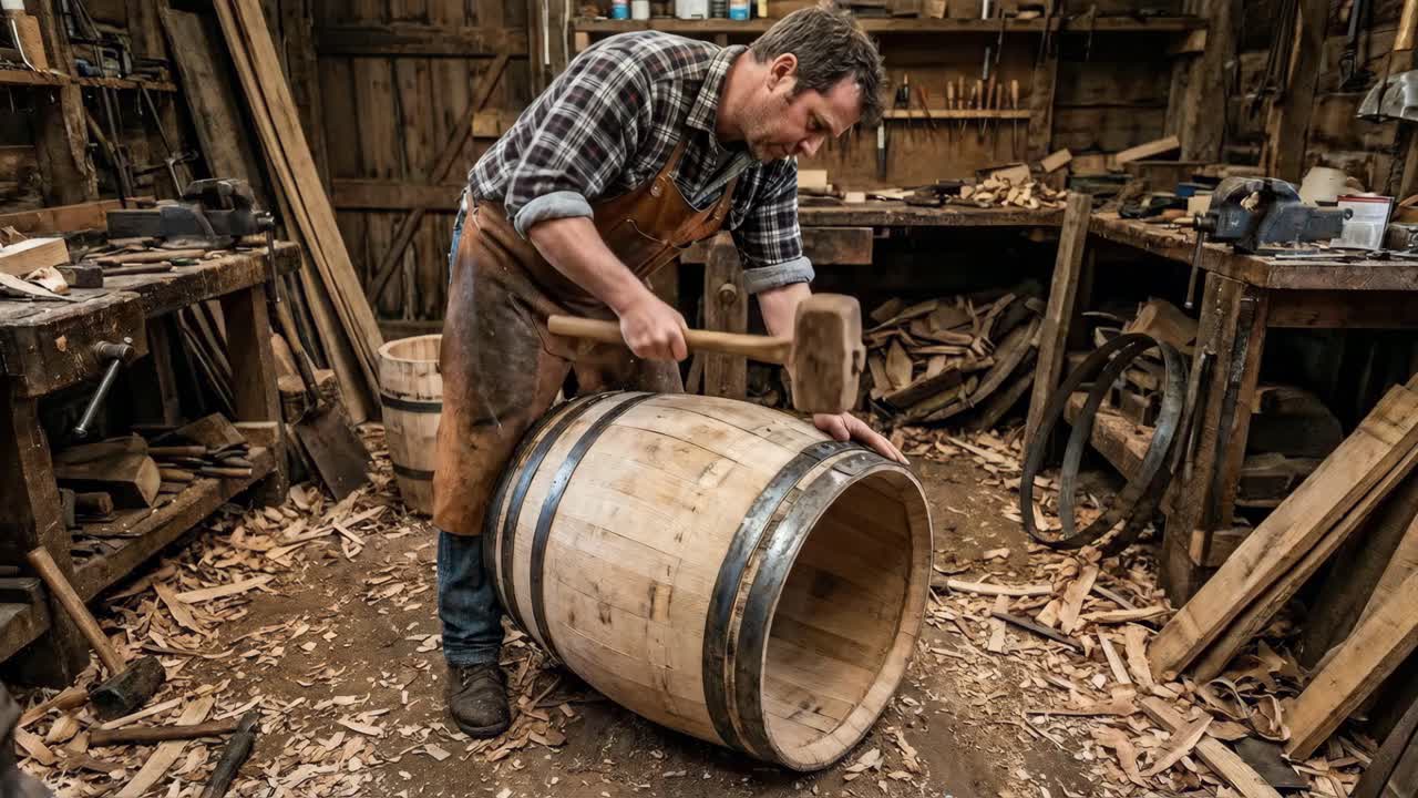 Realizzazione di una botte di legno in un laboratorio tradizionale