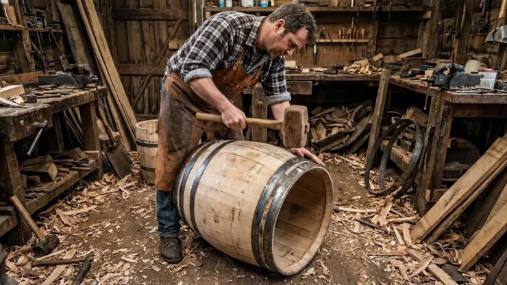 Realizzazione di una botte di legno in un laboratorio tradizionale