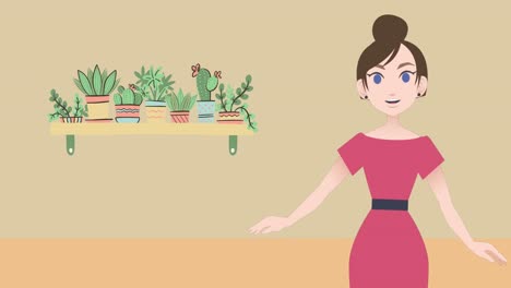 Animation-Einer-Kaukasischen-Geschäftsfrau,-Die-Eine-Präsentation-Mit-Blumen-Auf-Orangefarbenem-Hintergrund-Macht