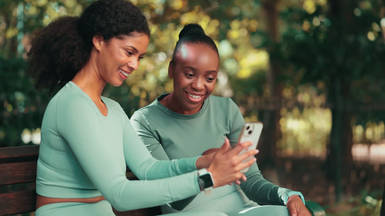 Fitness women, park selfie and friends with smile