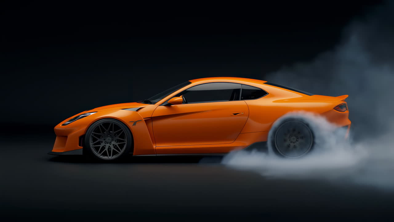 Dynamisk orange sportsvogn burnout på mørk baggrund