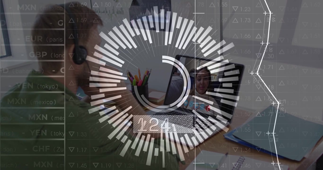 En mand taster på en bærbar computer og overvåger markeder, hvilket får en finansiel tæller og ticker til at animere, hvorefter han vinker til en kvinde.