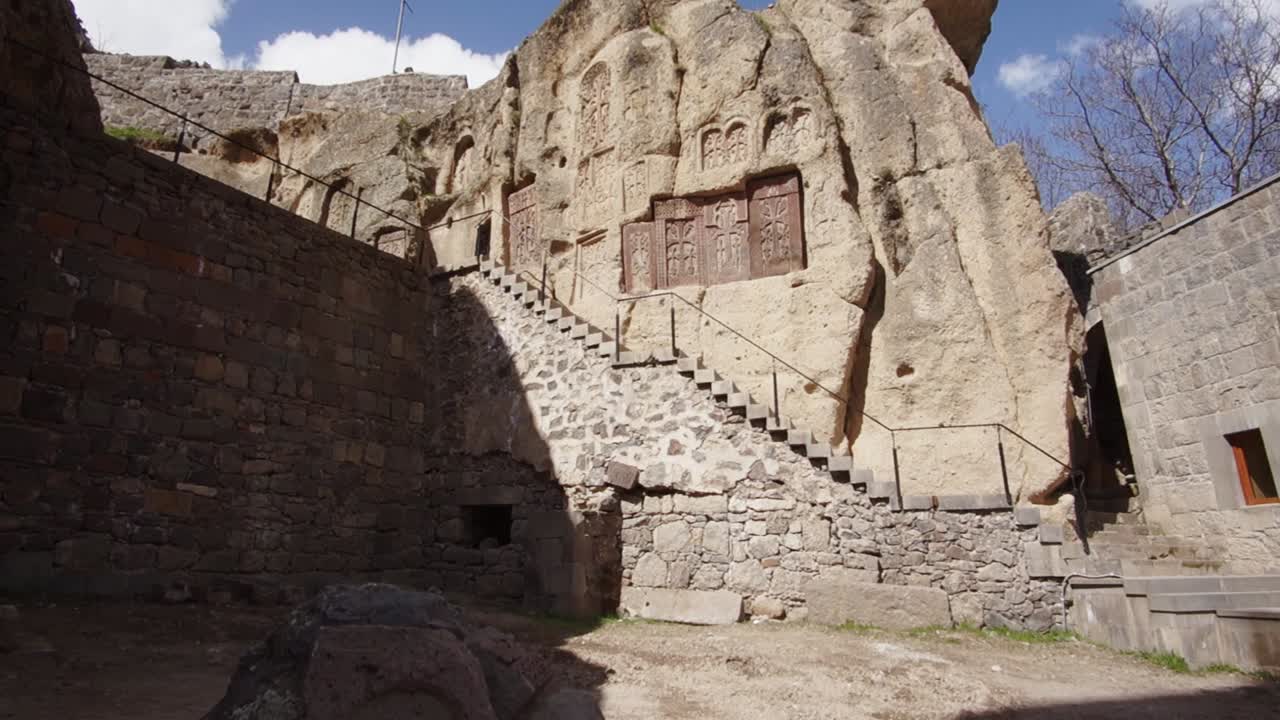 Tilt up | Beautiful Khachkar in the Geghard monastery, Armenia | Silk Road Armenia