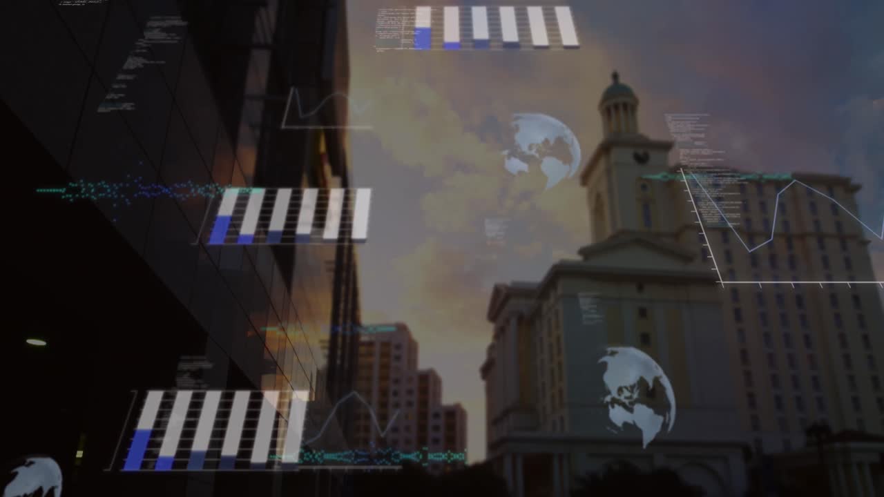 Animation of data processing against view of tall buildings