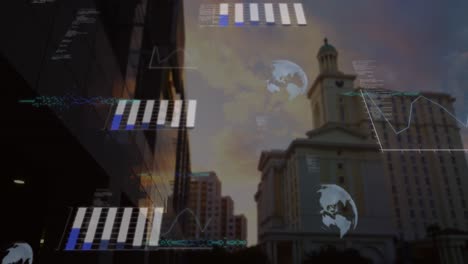 animation of data processing against view of tall buildings