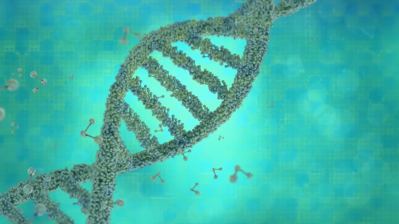 Animation of dna strand and molecules on green background