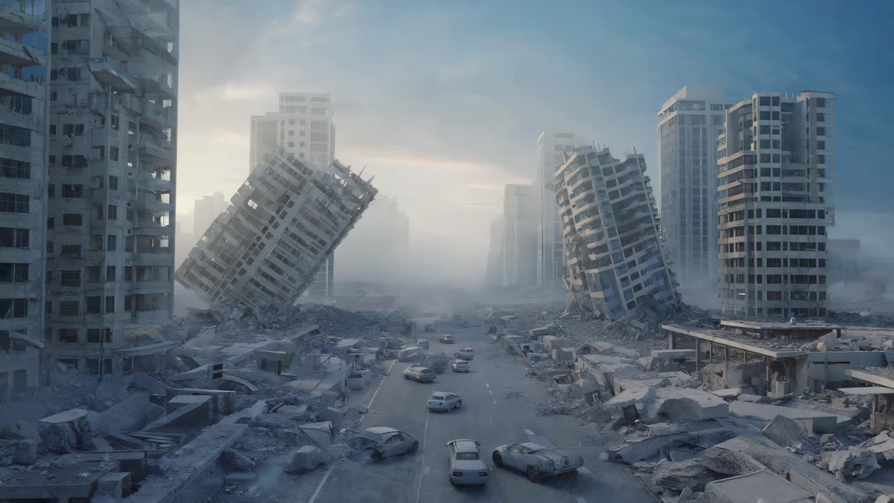 Post-Apocalyptic Cityscape with Destroyed Buildings and Cars